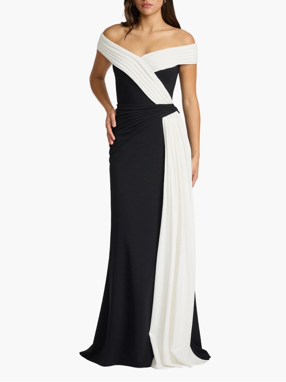 Tadashi Shoji Off the Shoulder Draped Crepe Gown